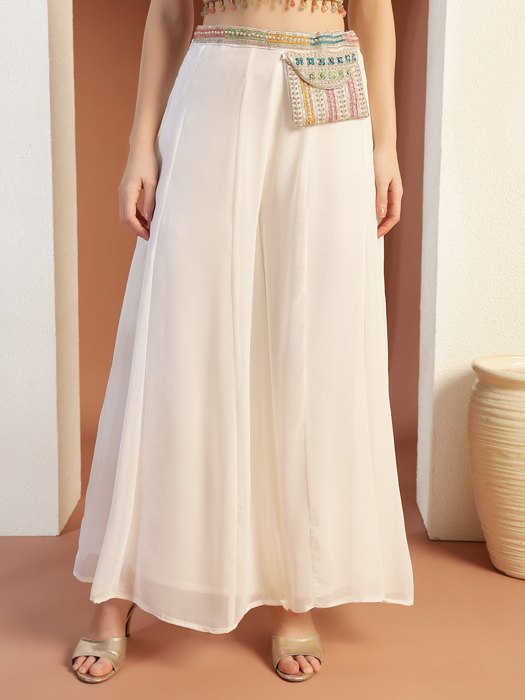 Resham Embroidery Tasseled Crop Top Pallazo set with Stylish Pocket & Pre-draped Dupatta