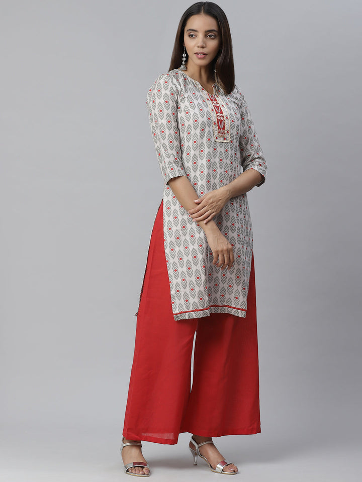 Cotton Ikat Inspired Kurta Set with Zari embroidered neckline and Bandhej Dupatta
