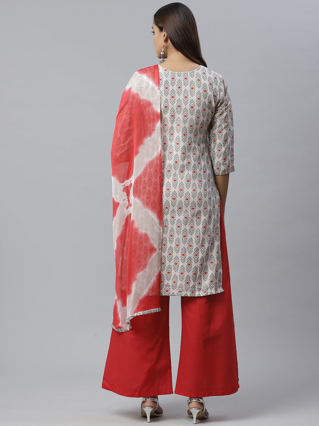 Cotton Ikat Inspired Kurta Set with Zari embroidered neckline and Bandhej Dupatta