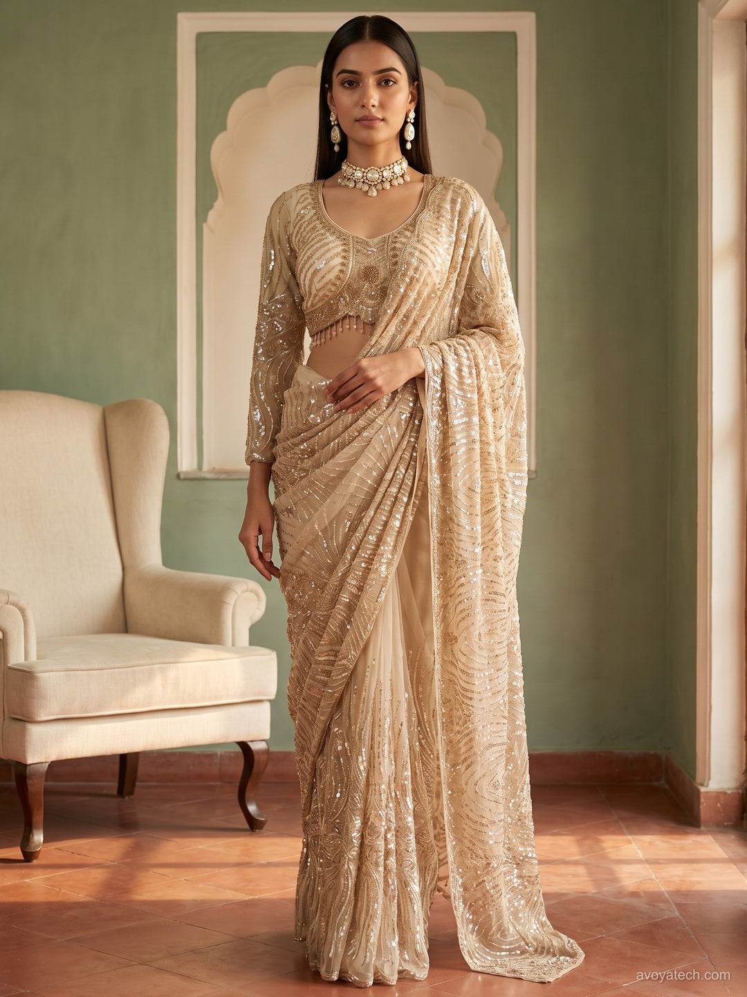 Net Sequin Embroidered Saree with Stitched Blouse in Champagne Gold