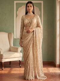 Net Sequin Embroidered Saree with Stitched Blouse in Champagne Gold