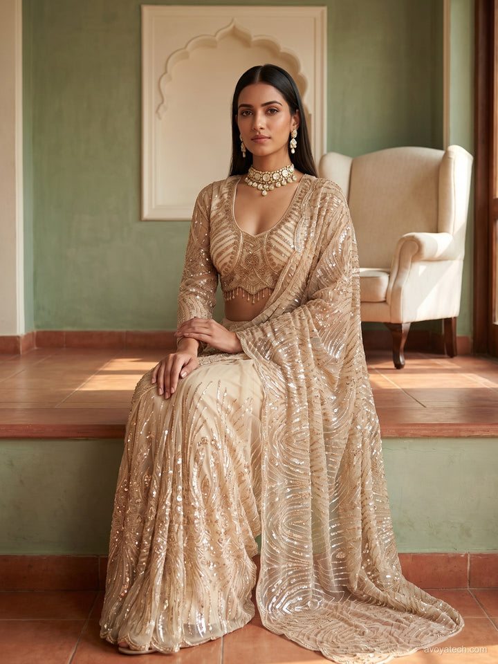 Net Sequin Embroidered Saree with Stitched Blouse in Champagne Gold