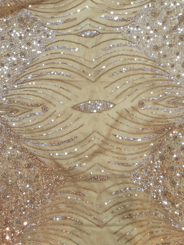 Net Sequin Embroidered Saree with Stitched Blouse in Champagne Gold