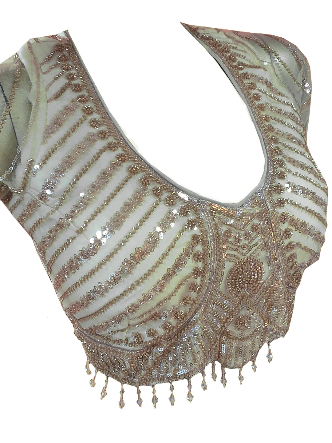 Net Sequin Embroidered Saree with Stitched Blouse in Champagne Gold