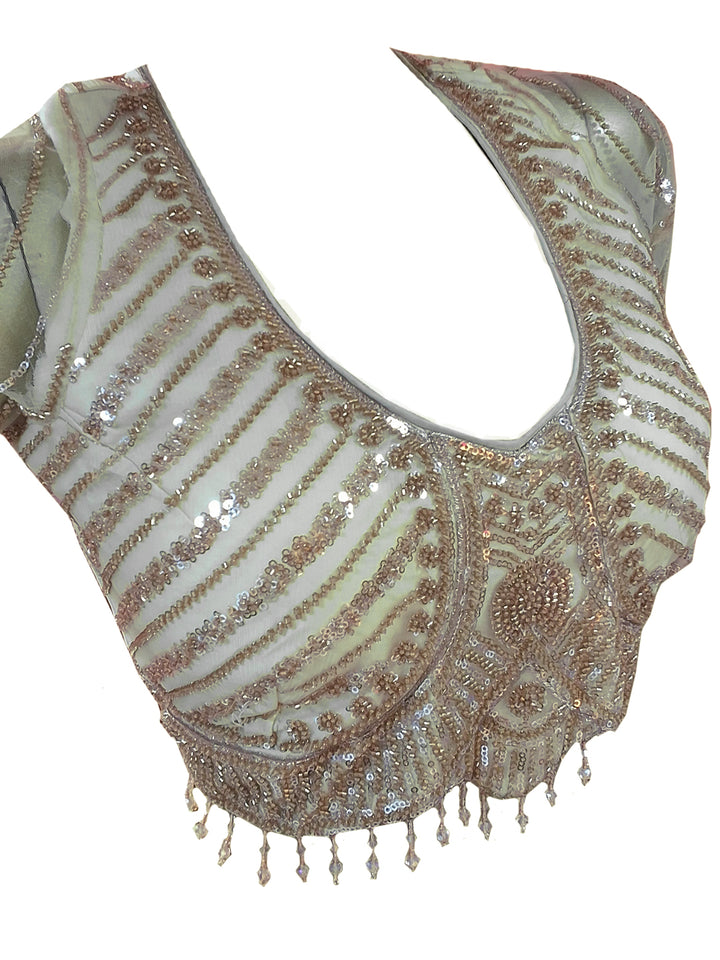 Net Sequin Embroidered Saree with Stitched Blouse in Champagne Gold