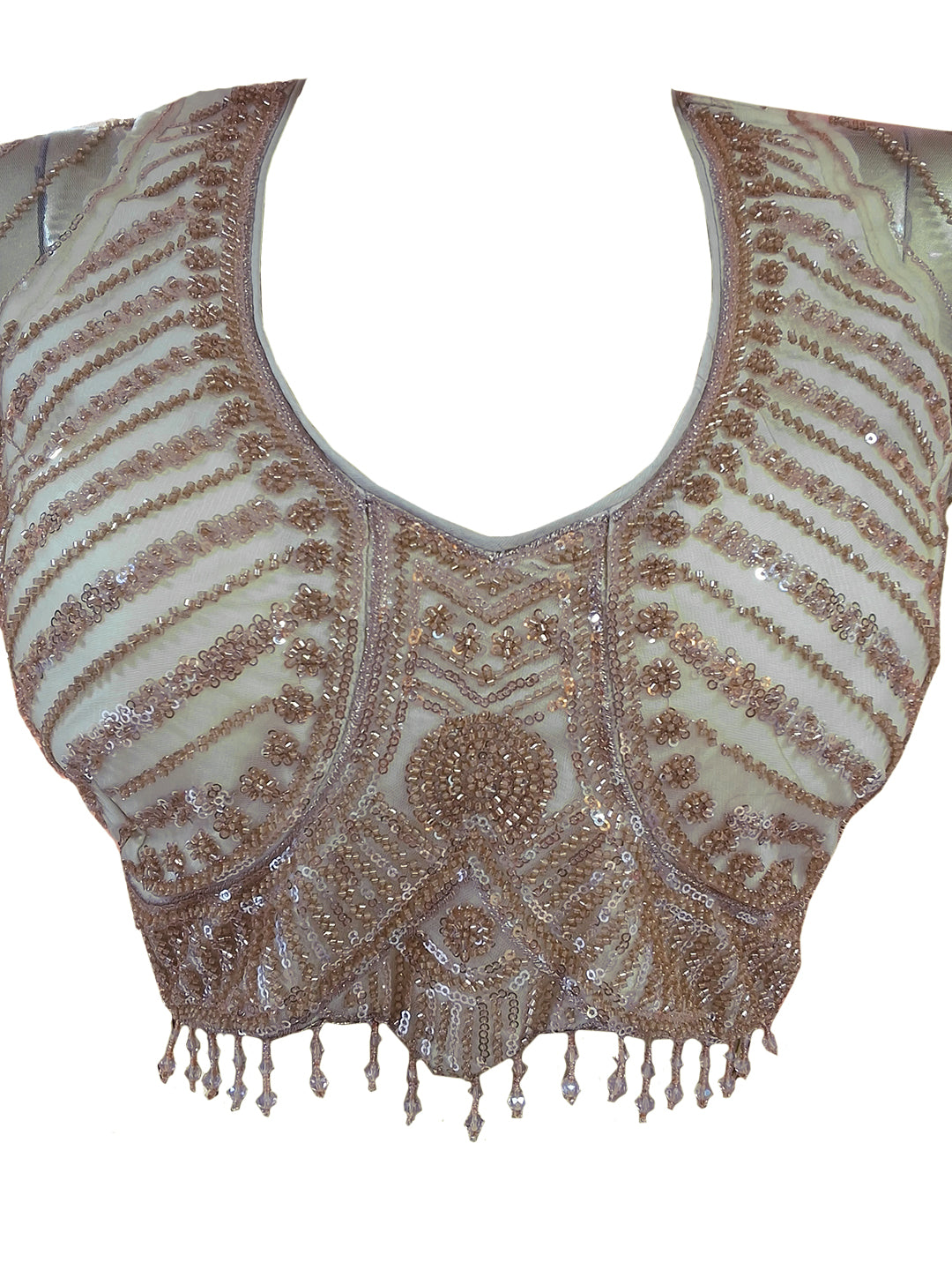 Net Sequin Embroidered Saree with Stitched Blouse in Champagne Gold