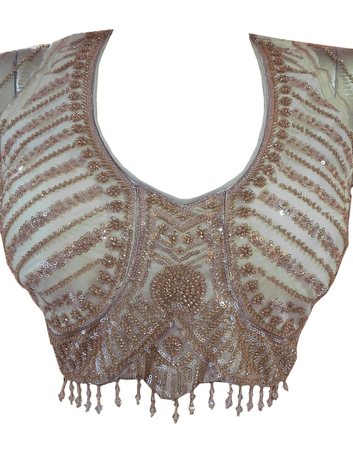Net Sequin Embroidered Saree with Stitched Blouse in Champagne Gold