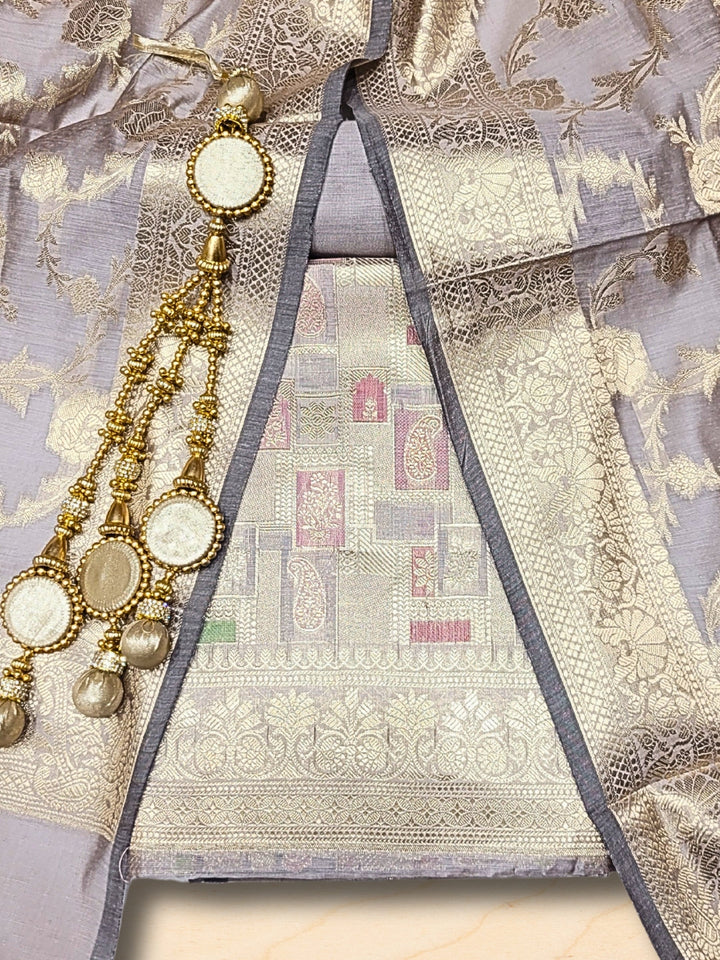 Meeanakari Weaving Banarasi Handloom Dress Material with Checked Paisley Motifs