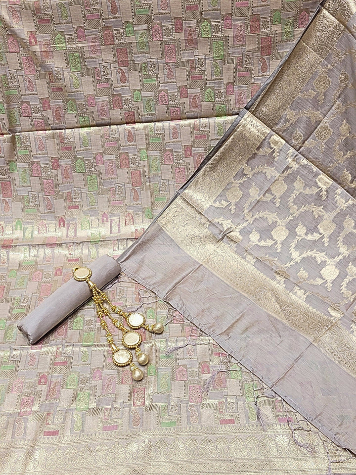 Meeanakari Weaving Banarasi Handloom Dress Material with Checked Paisley Motifs