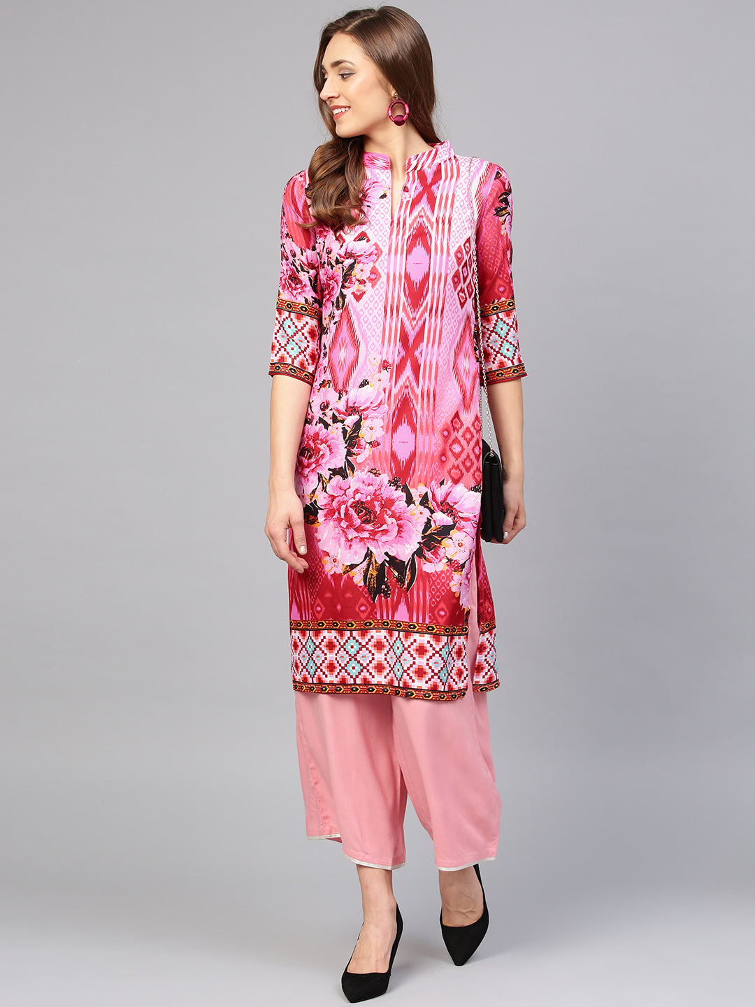 Pink Cream Ikat inspired Batik Printed Straight Kurta