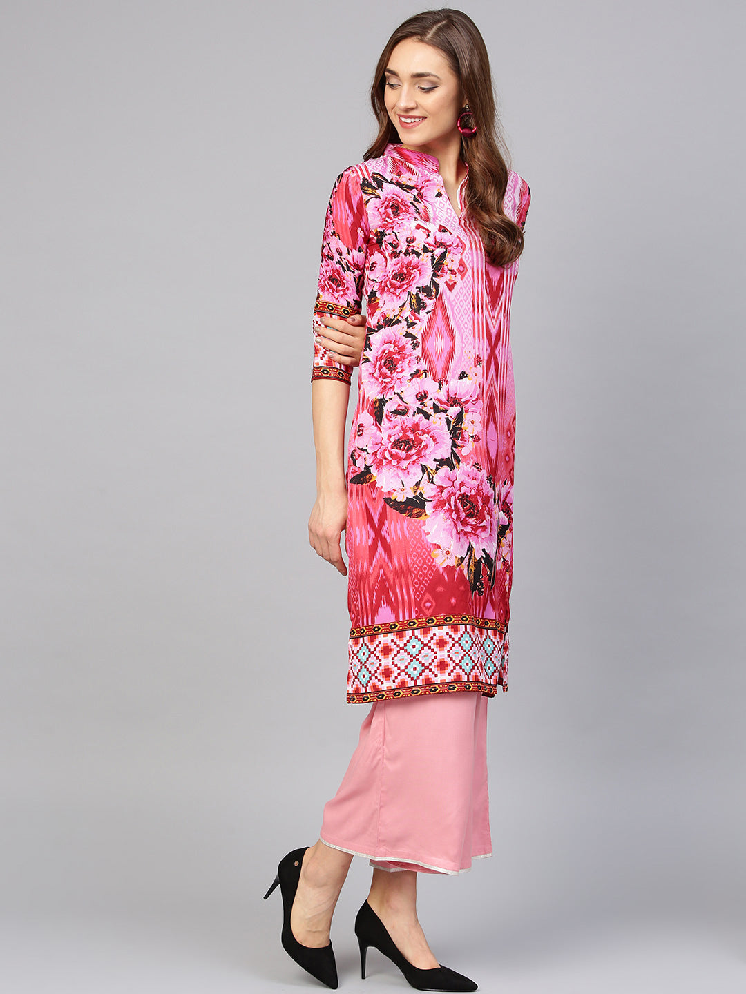 Pink Cream Ikat inspired Batik Printed Straight Kurta