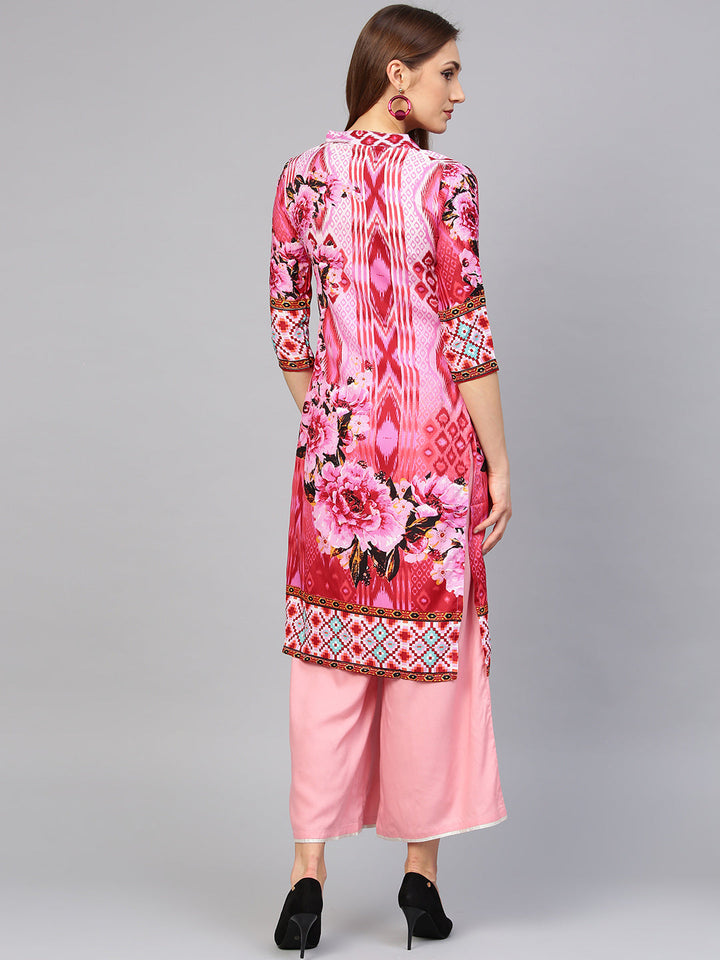 Pink Cream Ikat inspired Batik Printed Straight Kurta