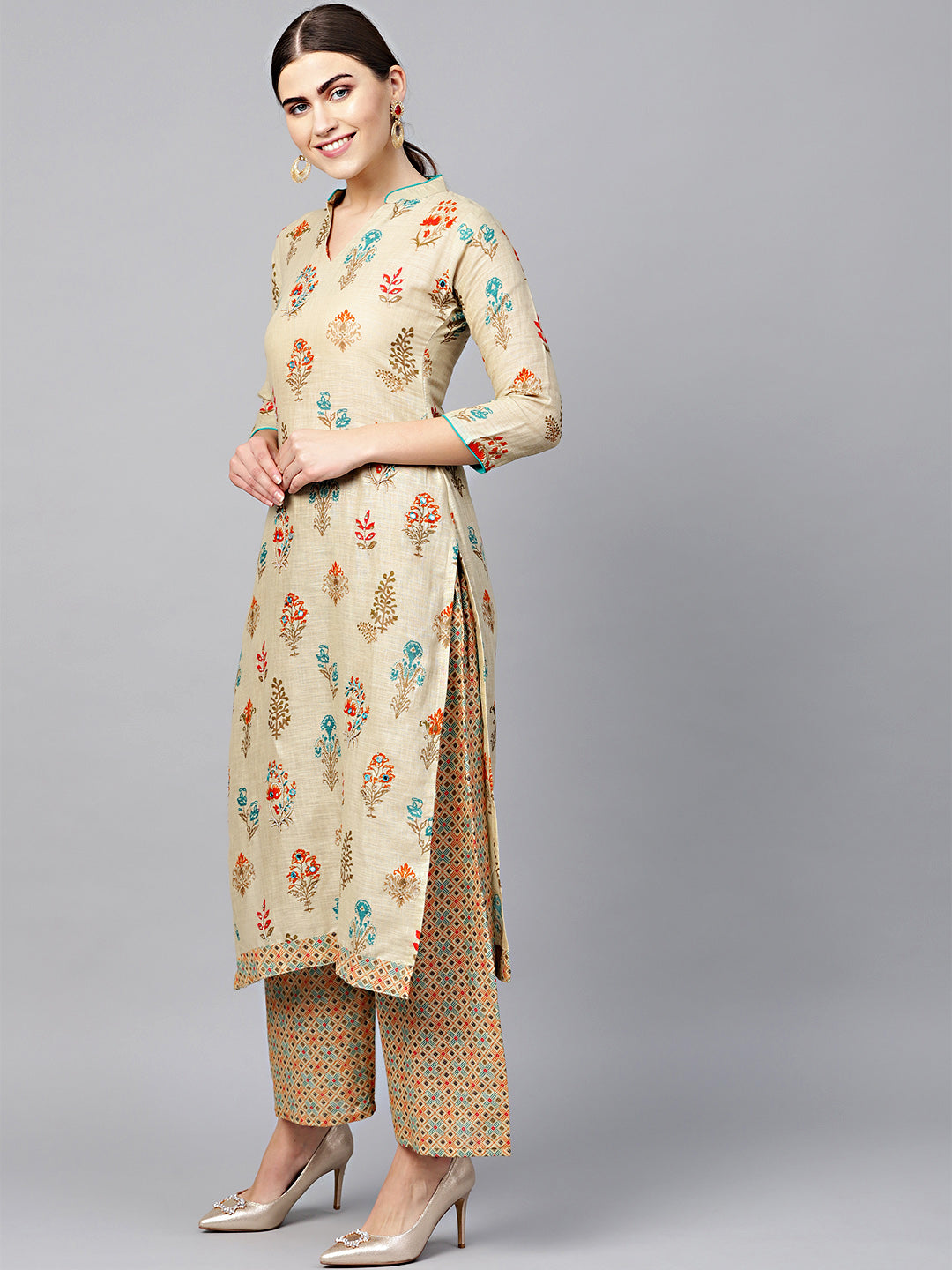 Embellished Batik Style Kurta with Printed Pallazos