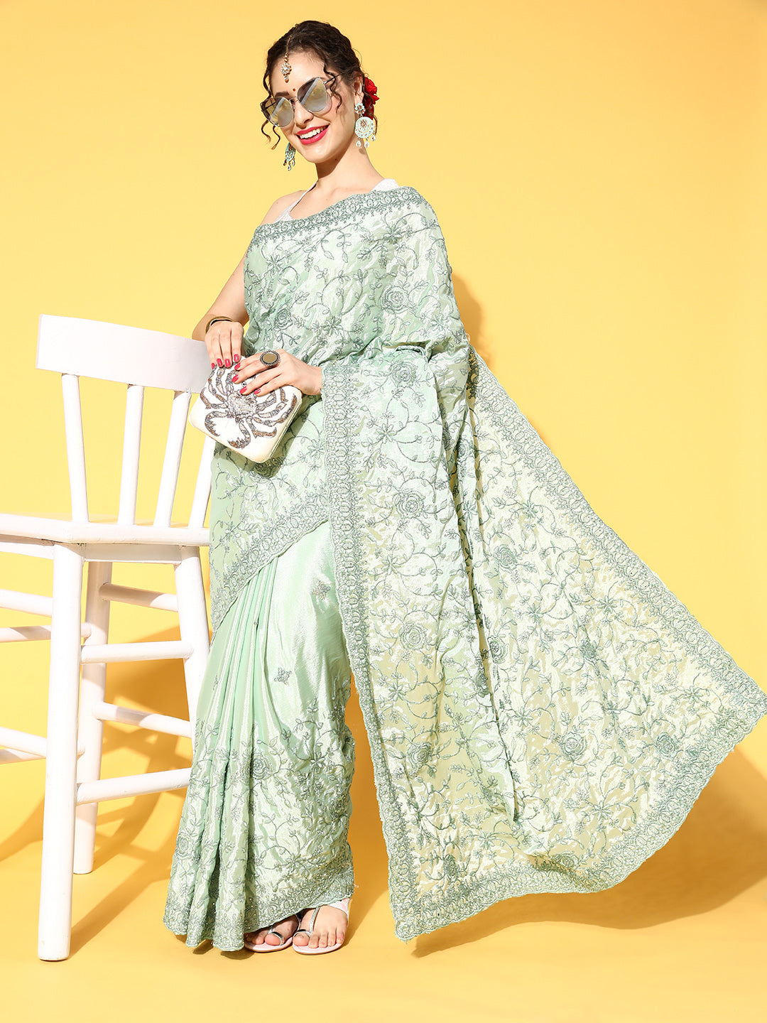 Sea Green Resham & Zari Floral Chinnon Embroidered Festive Saree