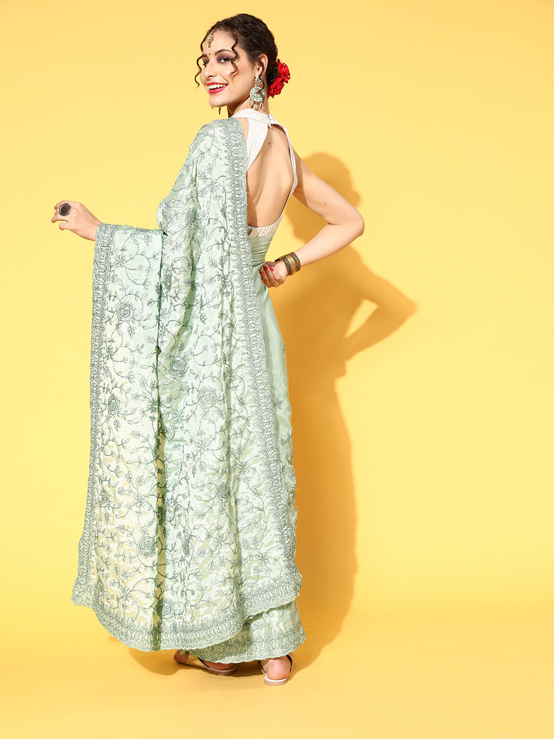 Sea Green Resham & Zari Floral Chinnon Embroidered Festive Saree