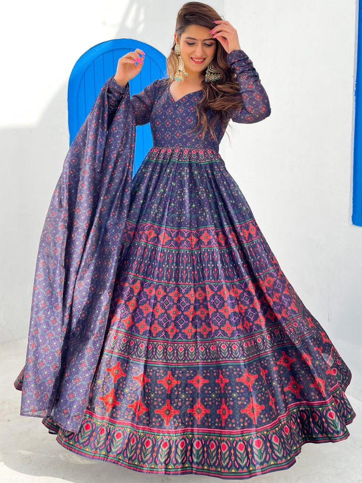 Blue Geometric Digital Printed Kalidar Long Flared Gown With Dupatta