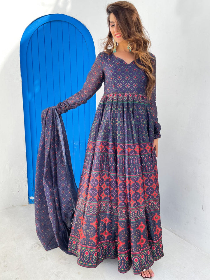 Blue Geometric Digital Printed Kalidar Long Flared Gown With Dupatta
