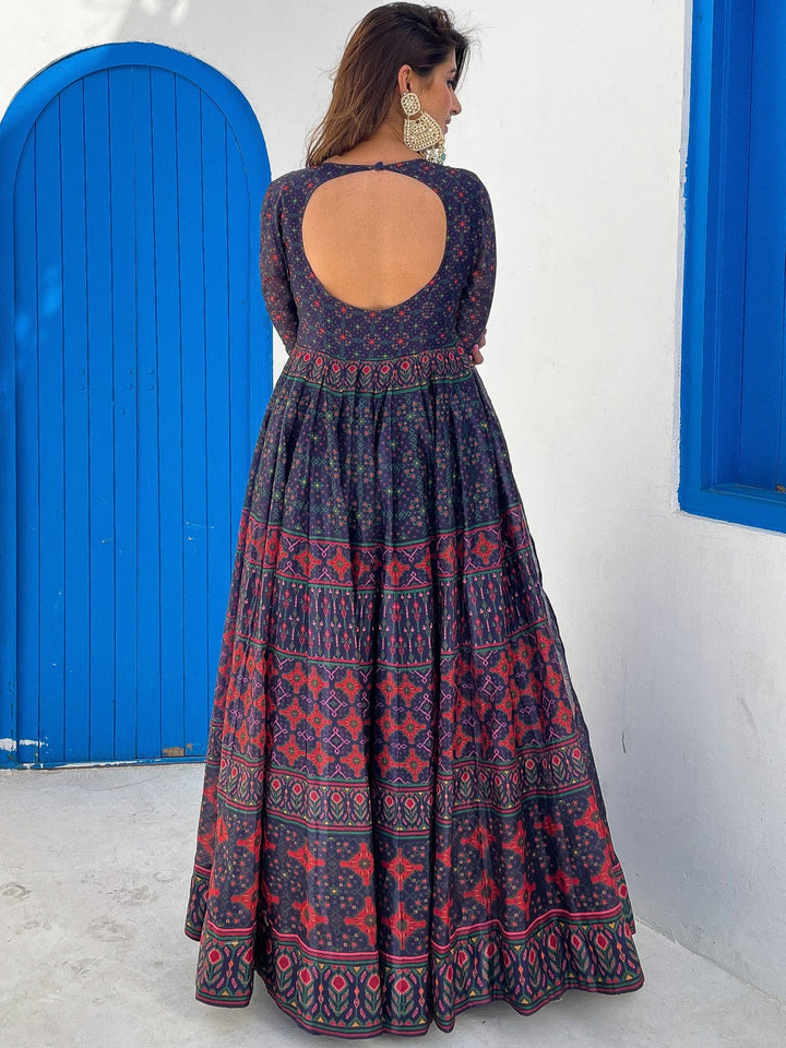 Blue Geometric Digital Printed Kalidar Long Flared Gown With Dupatta