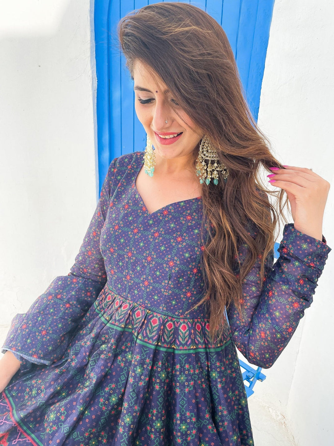 Blue Geometric Digital Printed Kalidar Long Flared Gown With Dupatta