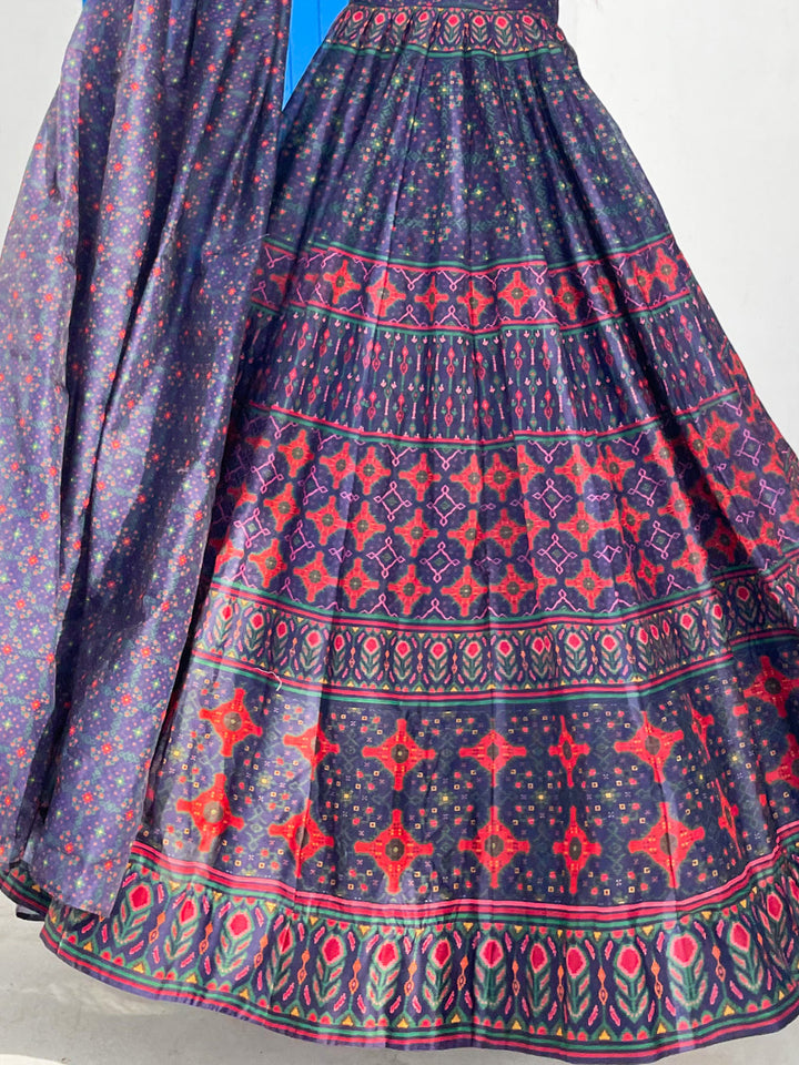 Blue Geometric Digital Printed Kalidar Long Flared Gown With Dupatta