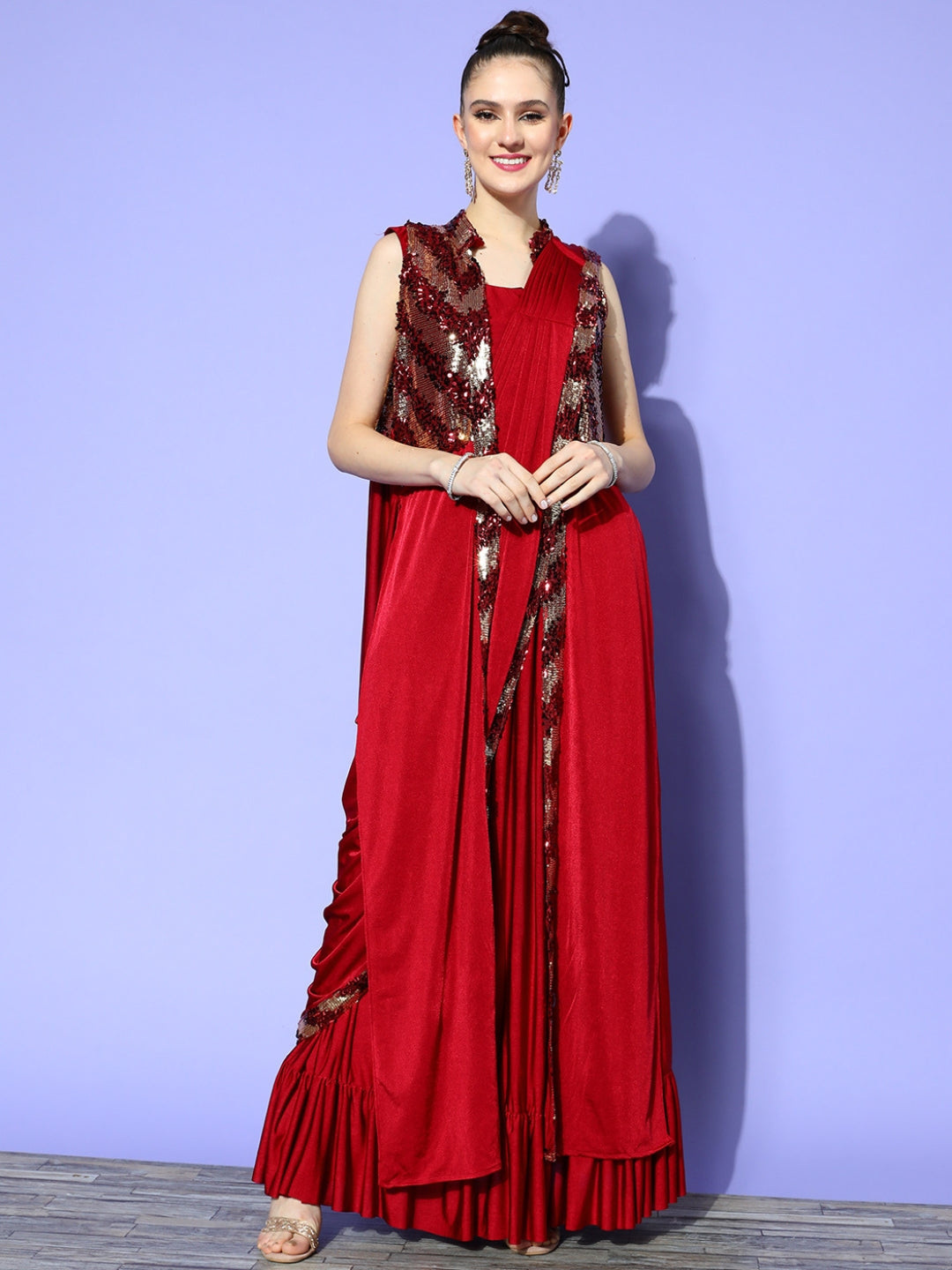 Drape Maroon Ruffles Lycra Saree With Metallic Embellished Jacket