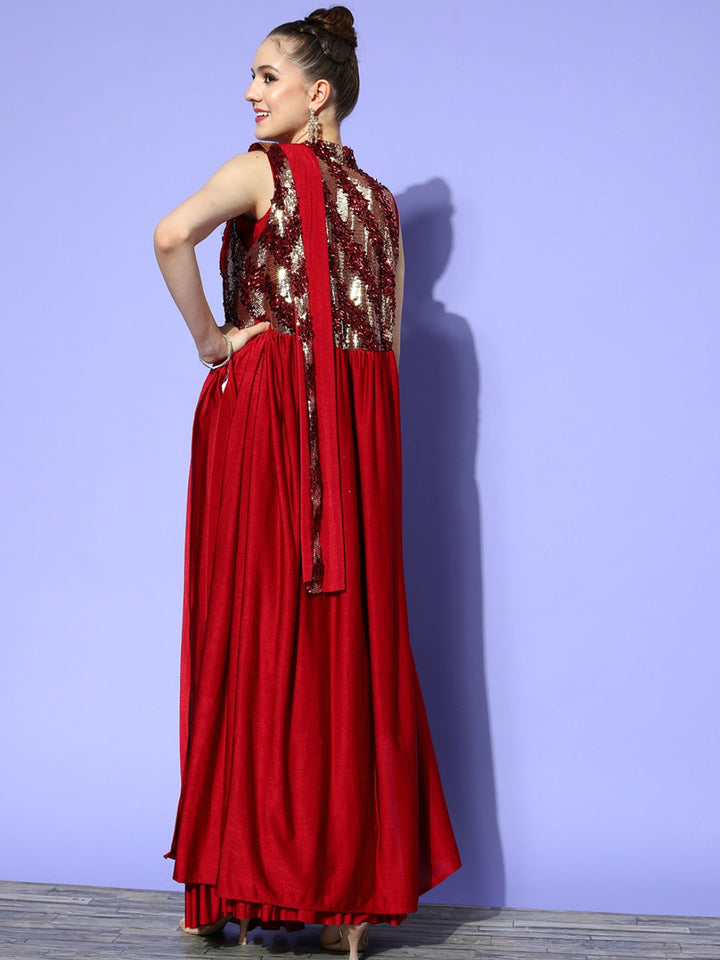 Drape Maroon Ruffles Lycra Saree With Metallic Embellished Jacket