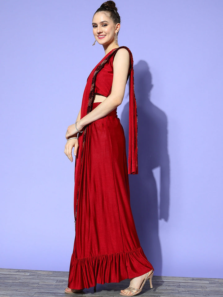Drape Maroon Ruffles Lycra Saree With Metallic Embellished Jacket