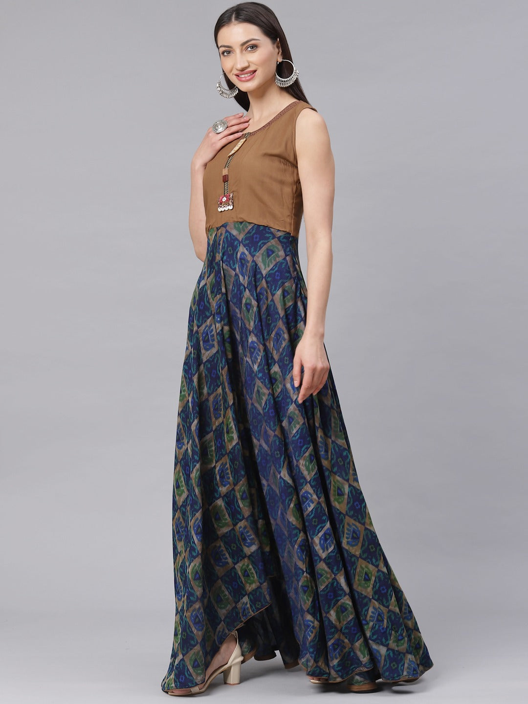 Made to Measure Embroidered Anarkali Gown with Quirky Animal Prints and Wooden Buttons