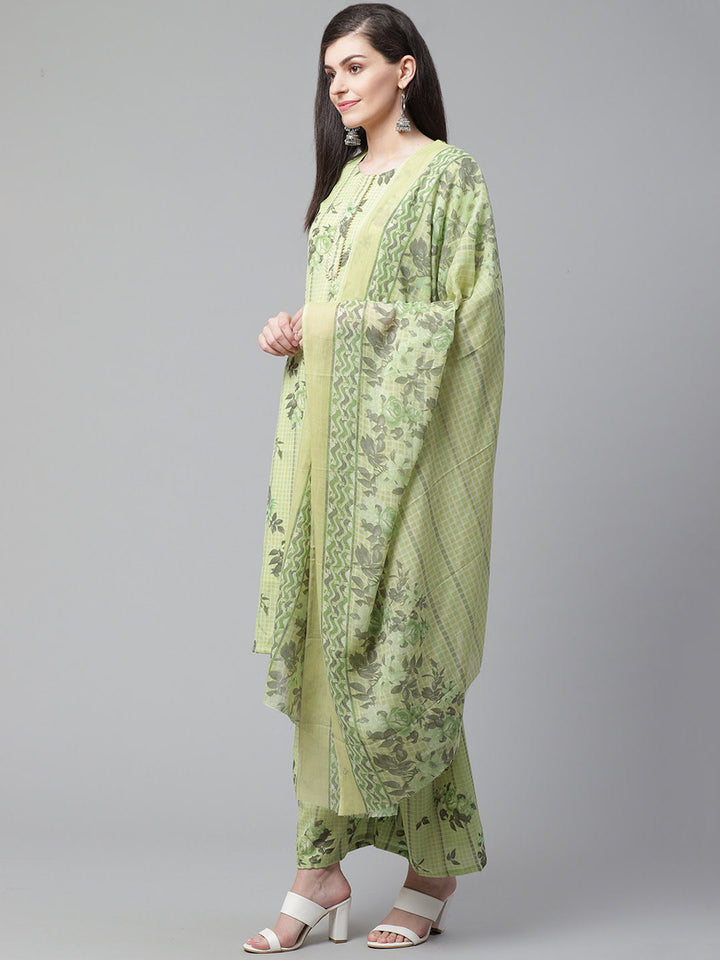 Pastel Green Cotton  Printed Dress Material with Floral Printing on Dupatta