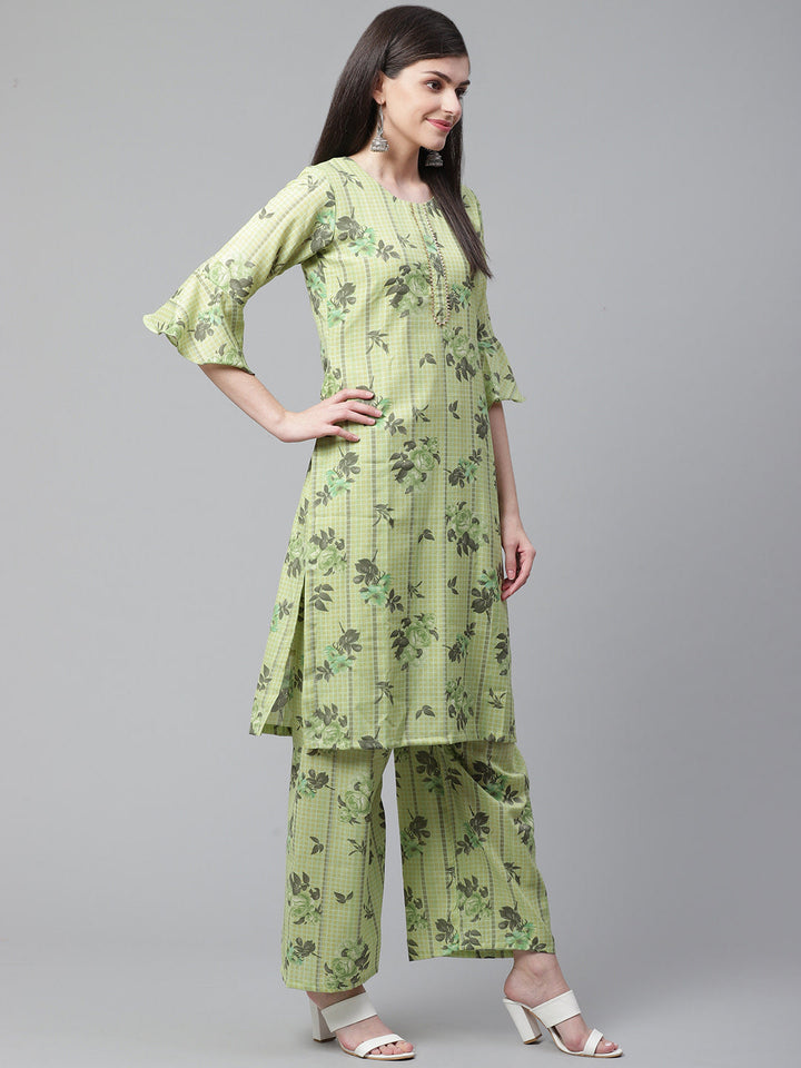 Pastel Green Cotton  Printed Dress Material with Floral Printing on Dupatta