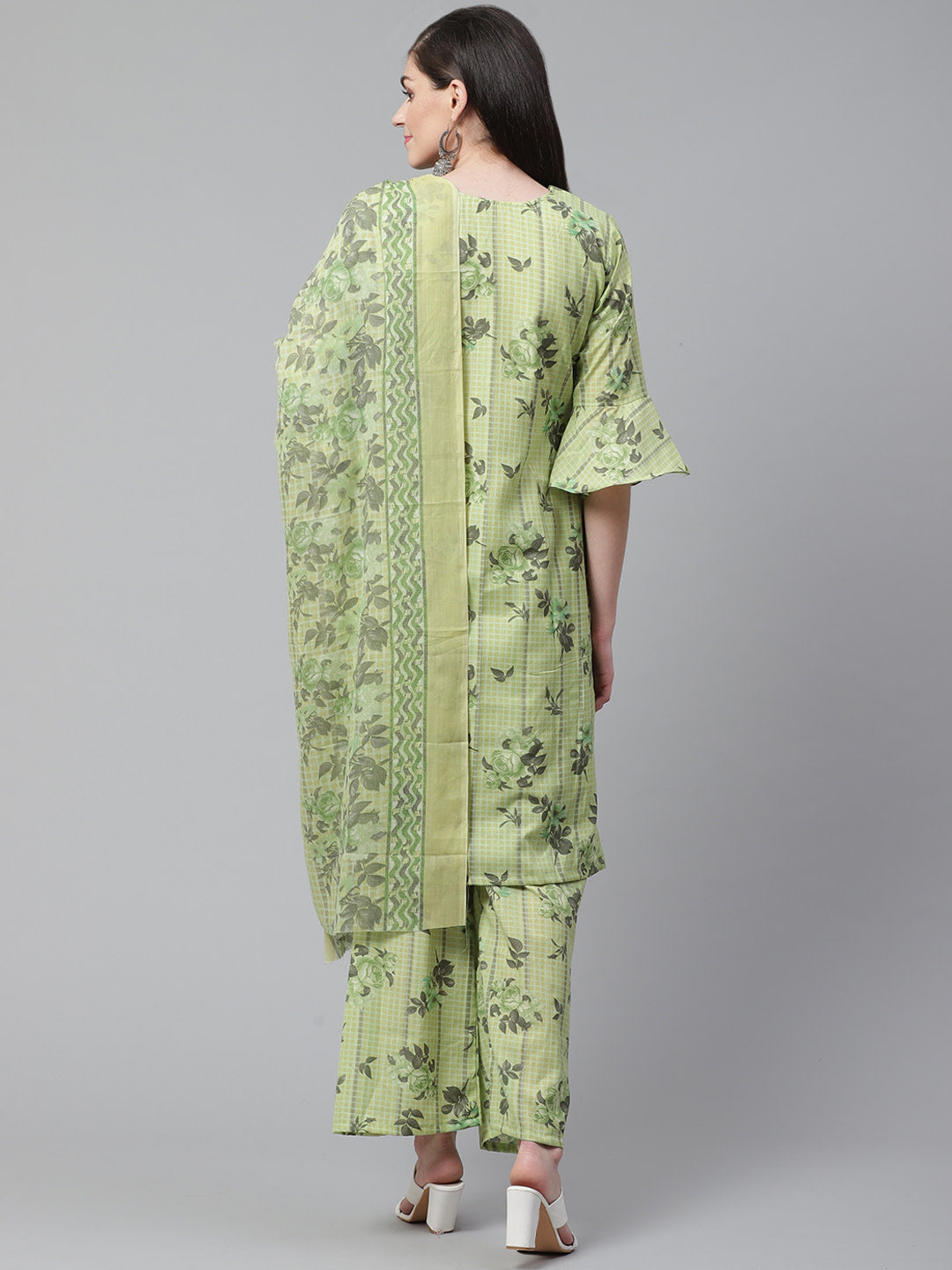 Pastel Green Cotton  Printed Dress Material with Floral Printing on Dupatta