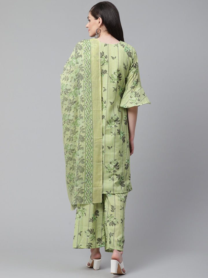 Pastel Green Cotton  Printed Dress Material with Floral Printing on Dupatta