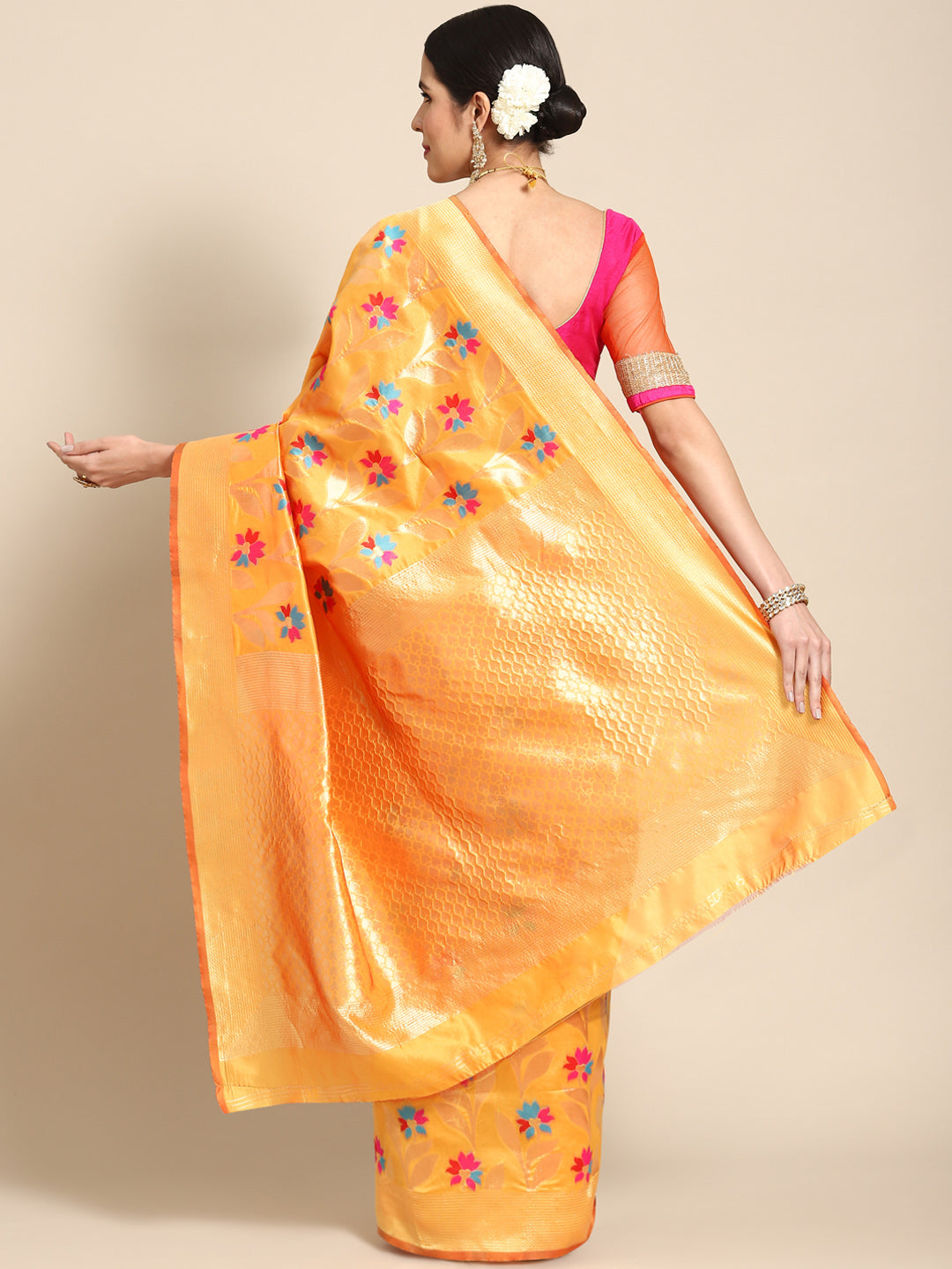 Mustard Banarasi Floral Meenakari Resham Woven Embellished Silk Saree
