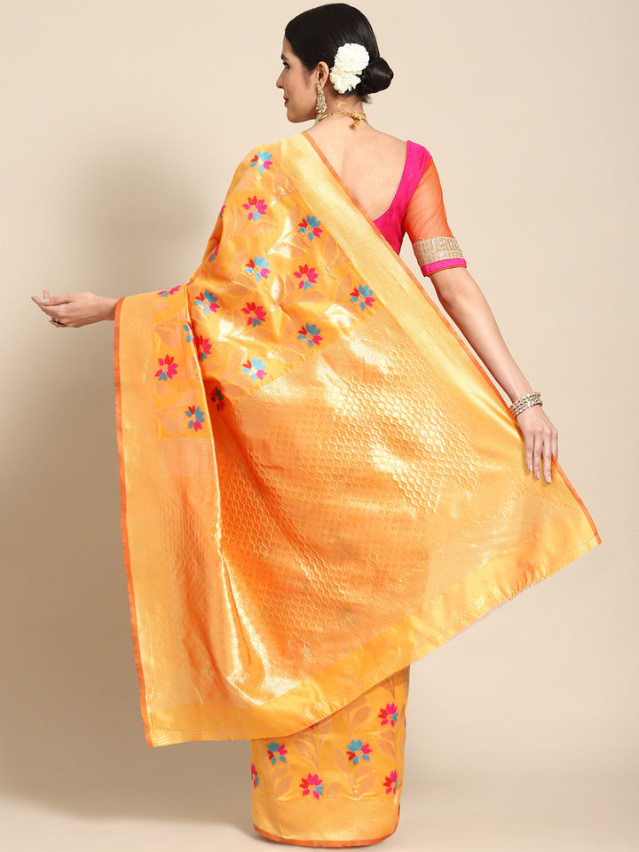 Mustard Banarasi Floral Meenakari Resham Woven Embellished Silk Saree