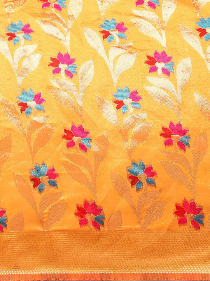 Mustard Banarasi Floral Meenakari Resham Woven Embellished Silk Saree