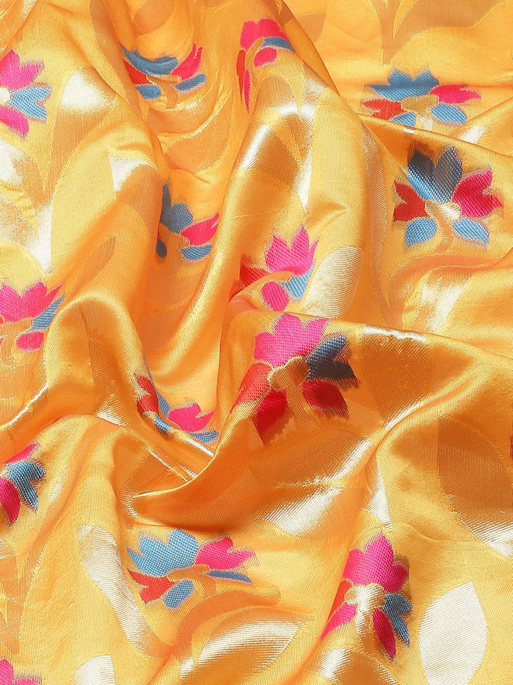 Mustard Banarasi Floral Meenakari Resham Woven Embellished Silk Saree