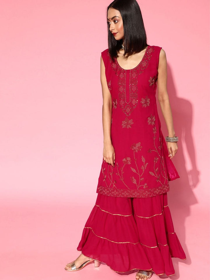 Made to Measure Magenta Metallic Floral Swarovski Embellished Sharara Suit Set