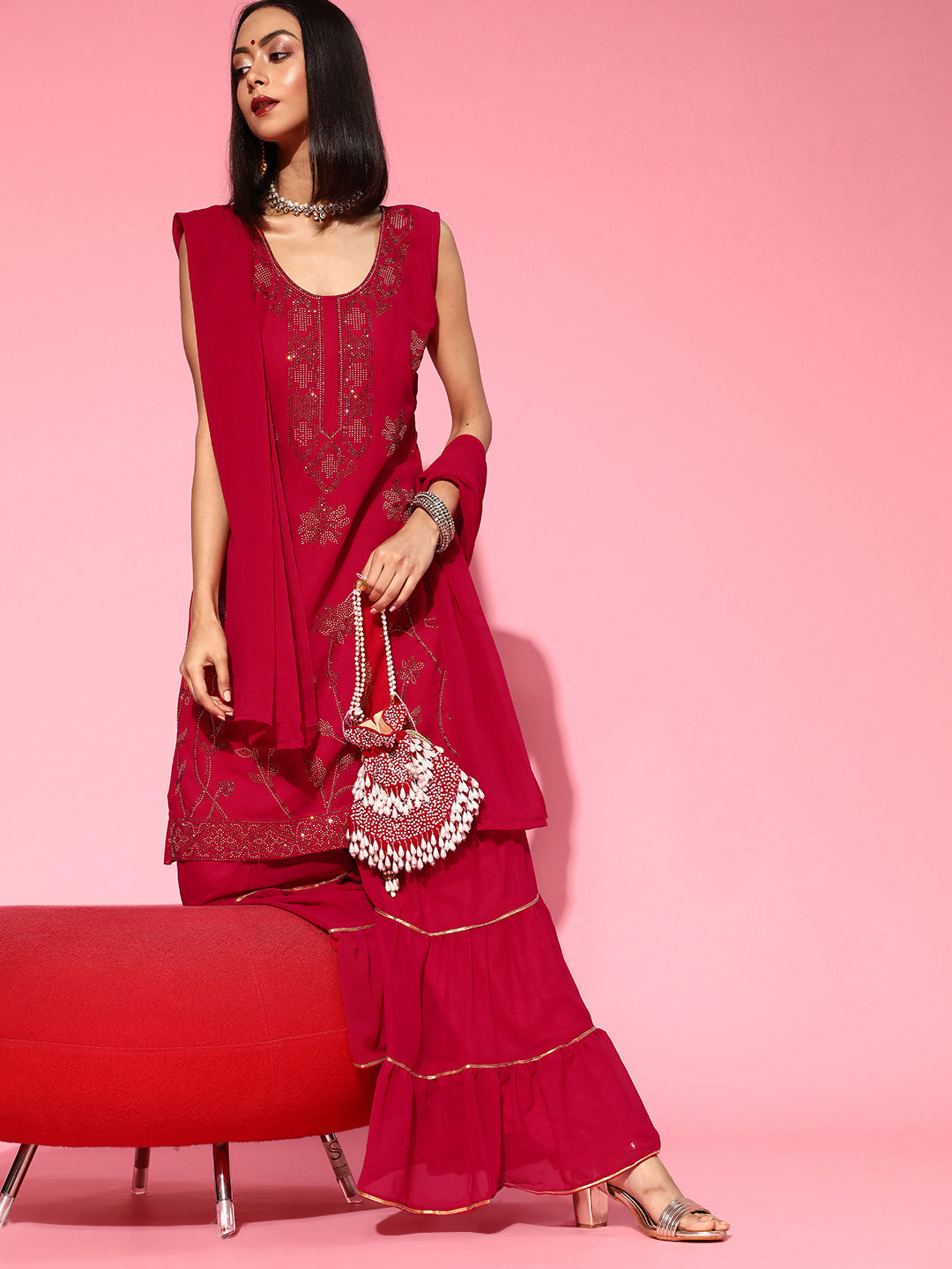Made to Measure Magenta Metallic Floral Swarovski Embellished Sharara Suit Set