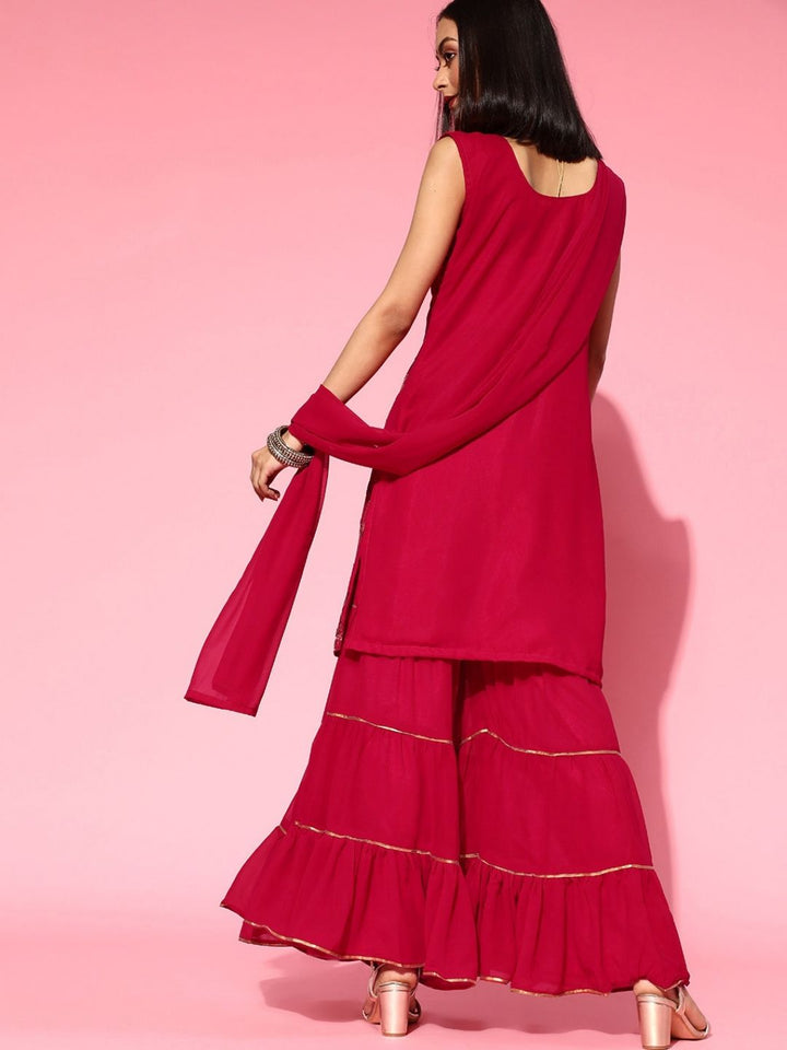 Made to Measure Magenta Metallic Floral Swarovski Embellished Sharara Suit Set