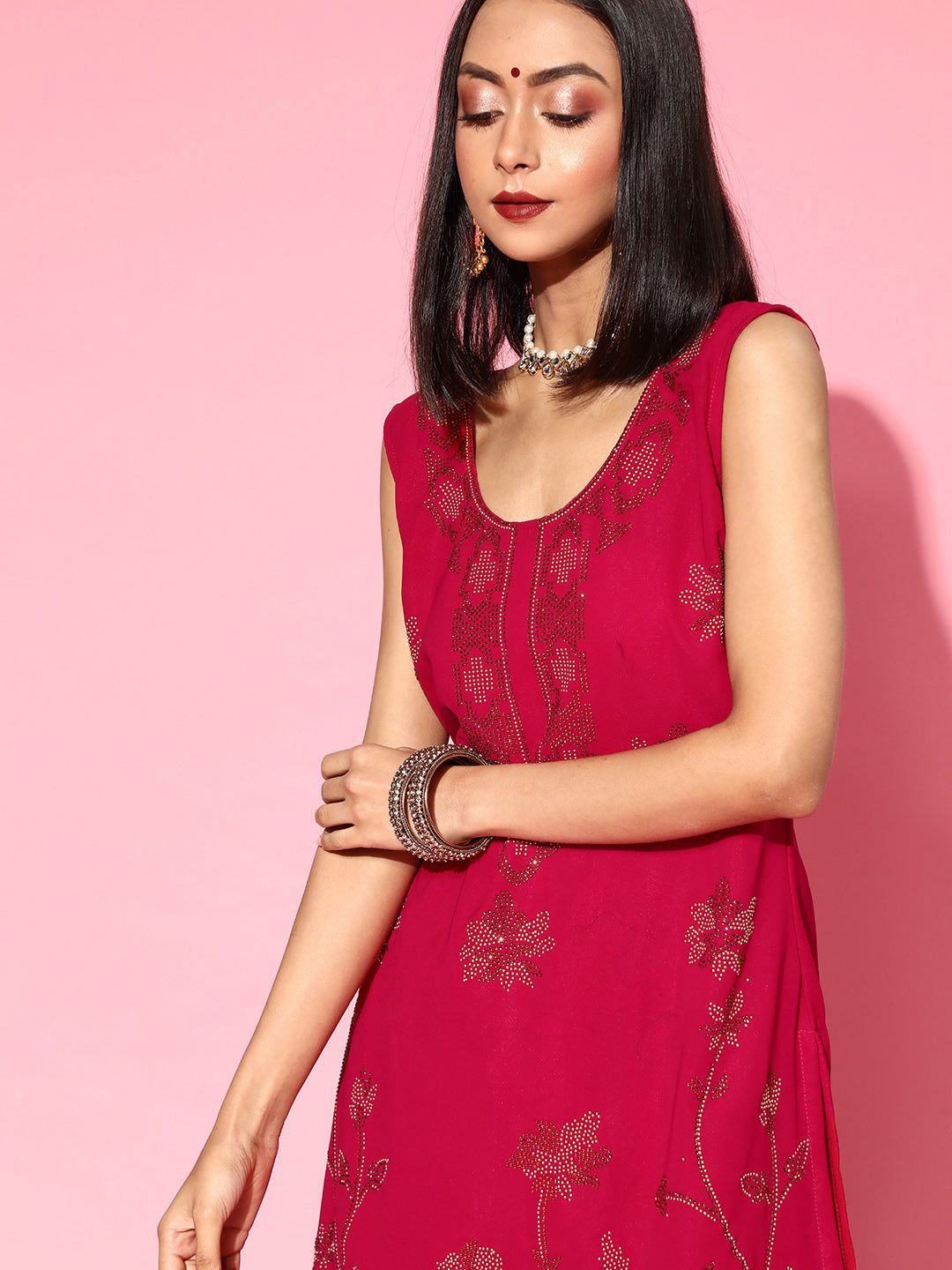 Made to Measure Magenta Metallic Floral Swarovski Embellished Sharara Suit Set