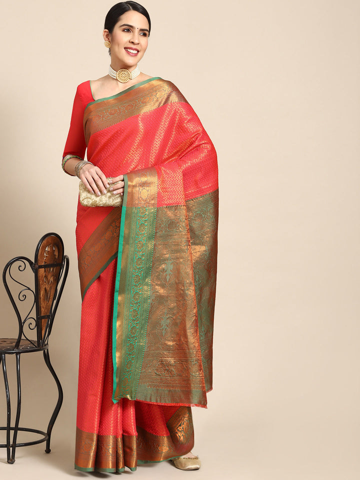 Coral Pink Kanjeevaram Oxidised Copper Zari Silk Saree