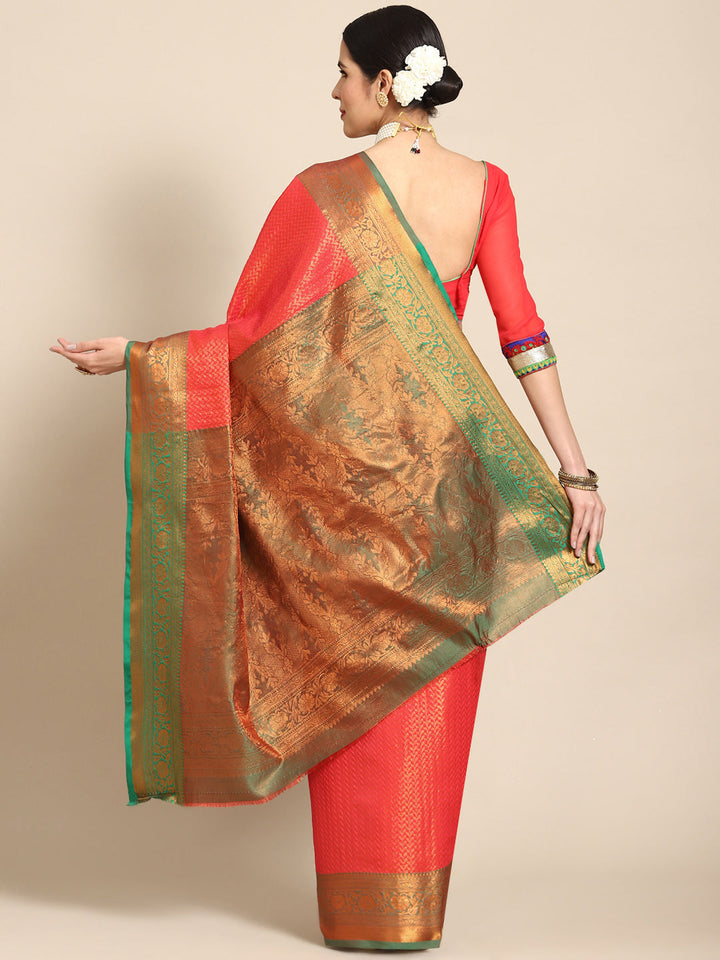 Coral Pink Kanjeevaram Oxidised Copper Zari Silk Saree