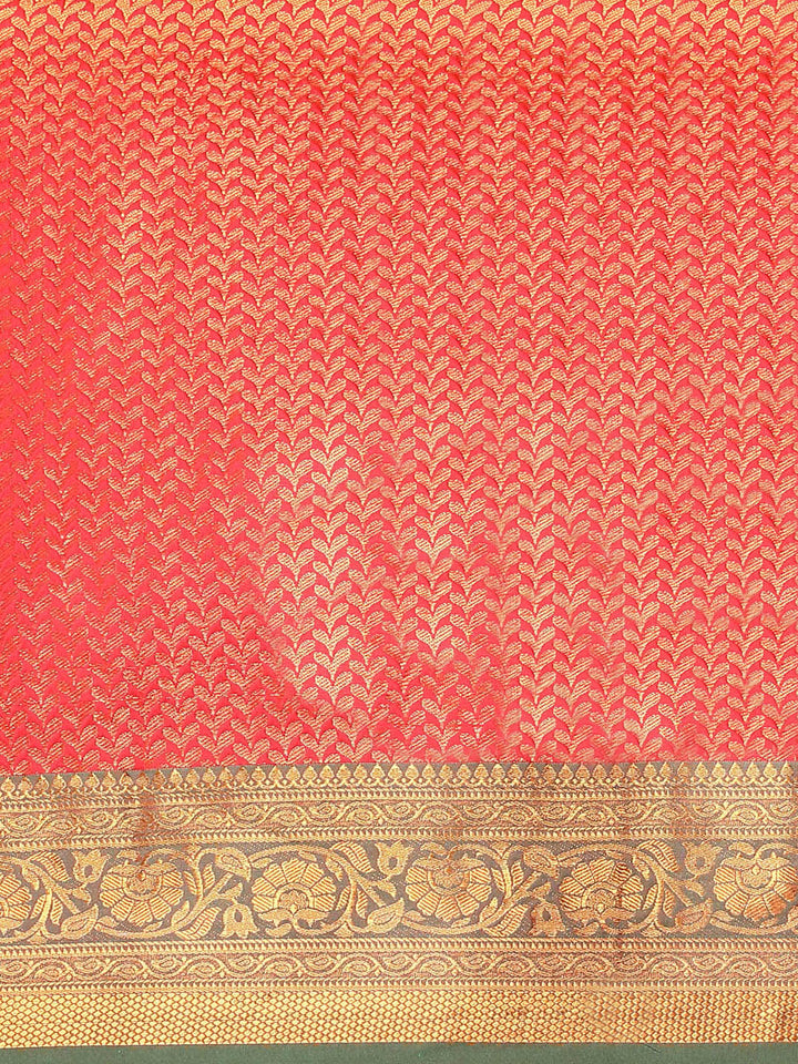 Coral Pink Kanjeevaram Oxidised Copper Zari Silk Saree