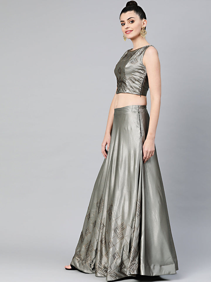 Crystal Embellished Crop Top Lehenga Choli in Geometric Pattern
