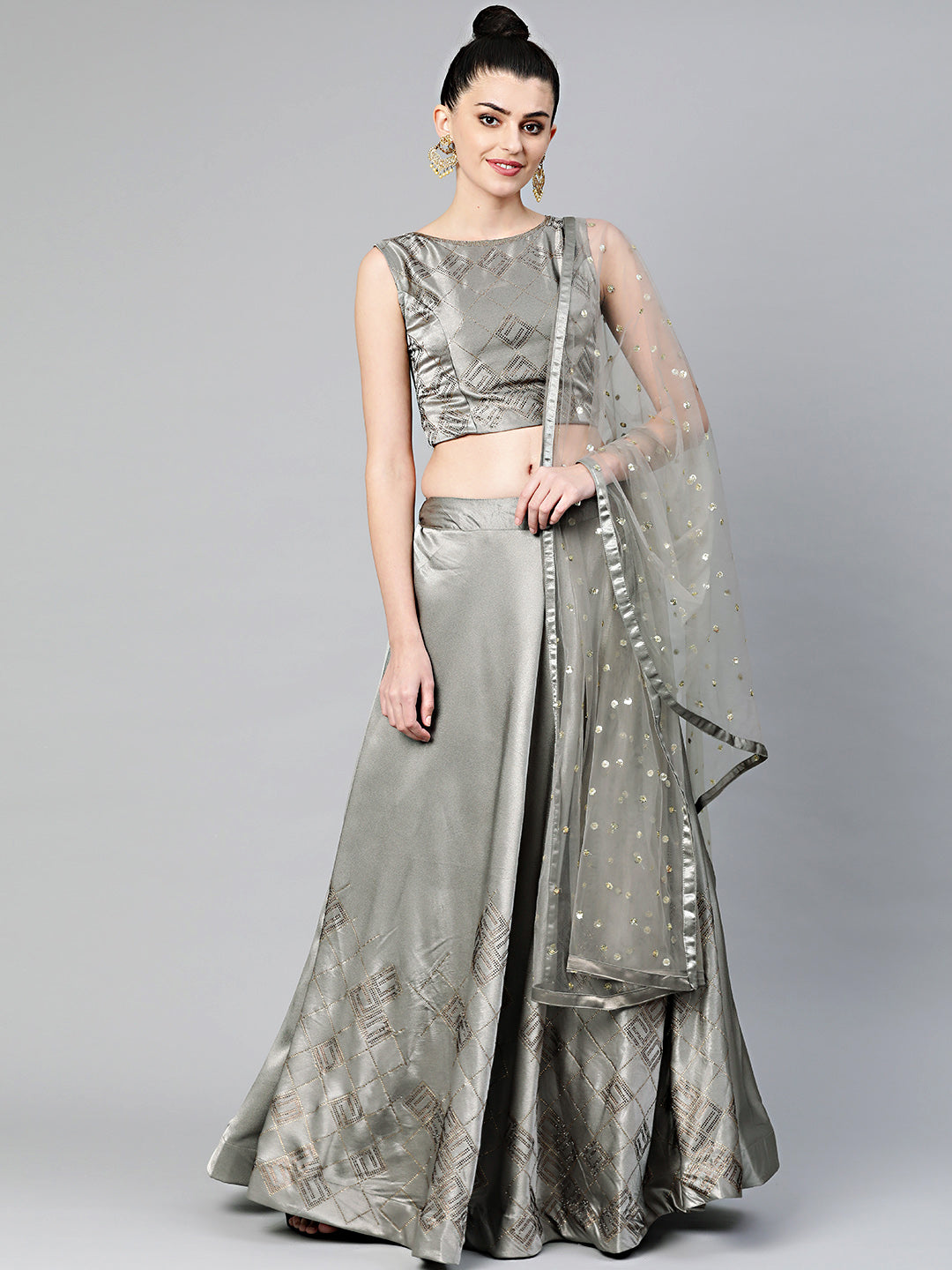 Crystal Embellished Crop Top Lehenga Choli in Geometric Pattern