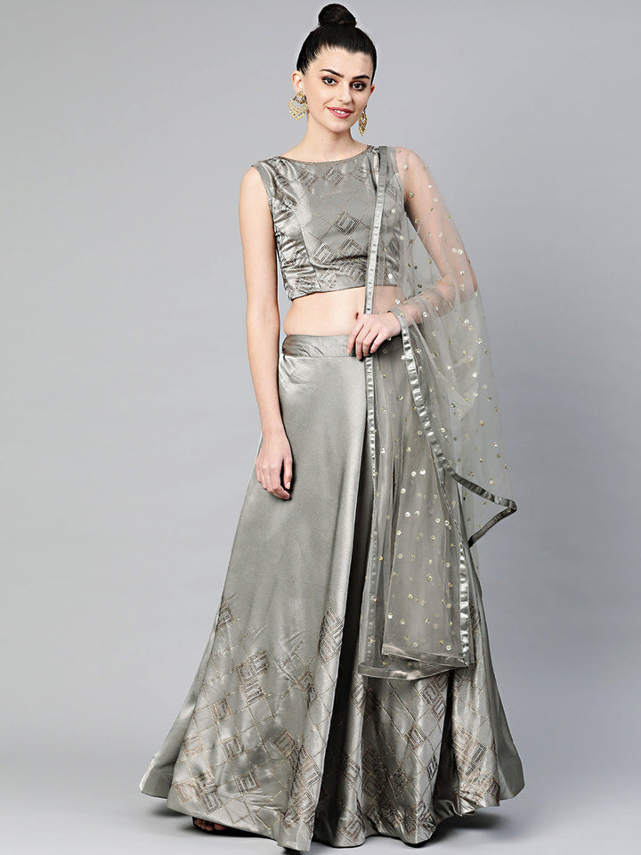 Crystal Embellished Crop Top Lehenga Choli in Geometric Pattern