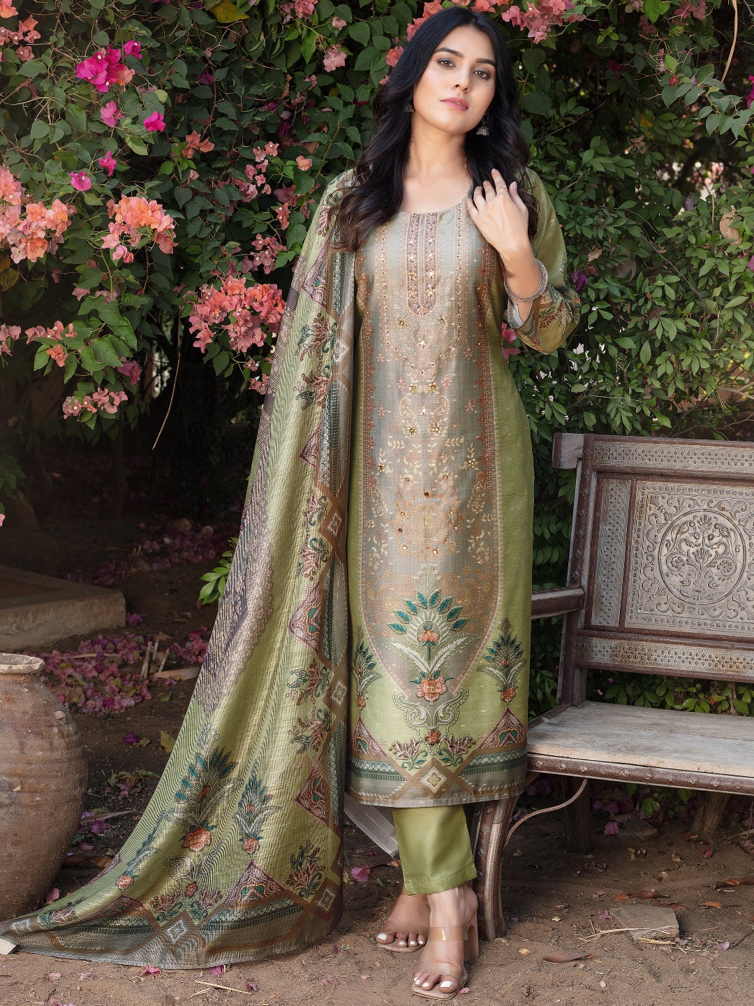 Chhabra 555 Printed & Mirror Work Embellished Straight Kurta With Solid Pant & Printed Dupatta
