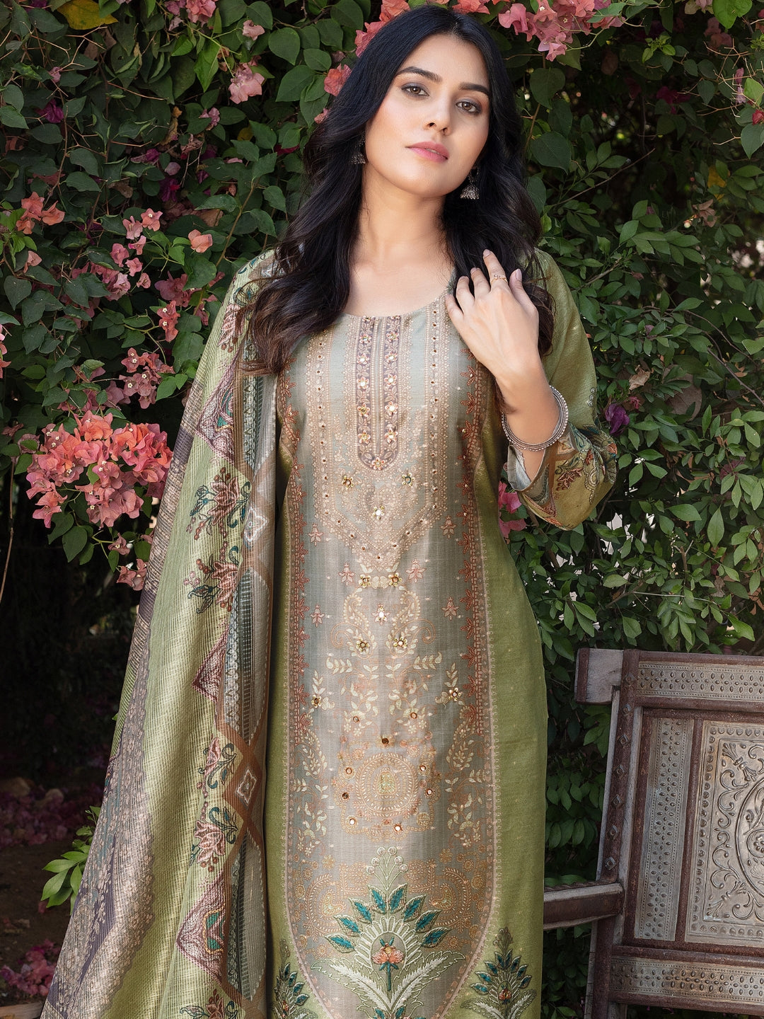 Chhabra 555 Printed & Mirror Work Embellished Straight Kurta With Solid Pant & Printed Dupatta