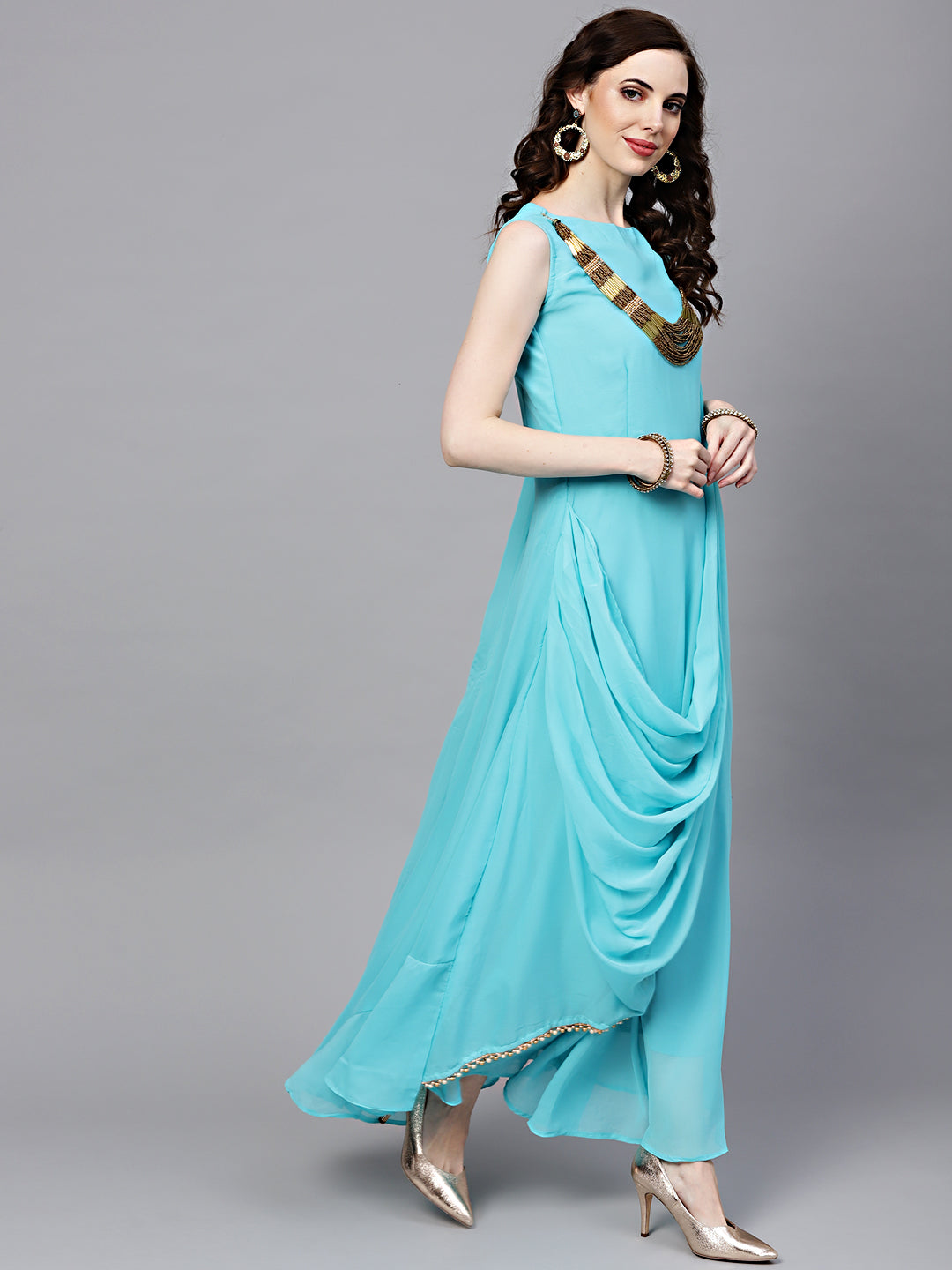 Georgette Draped Dress with Attached Necklace and Dupatta