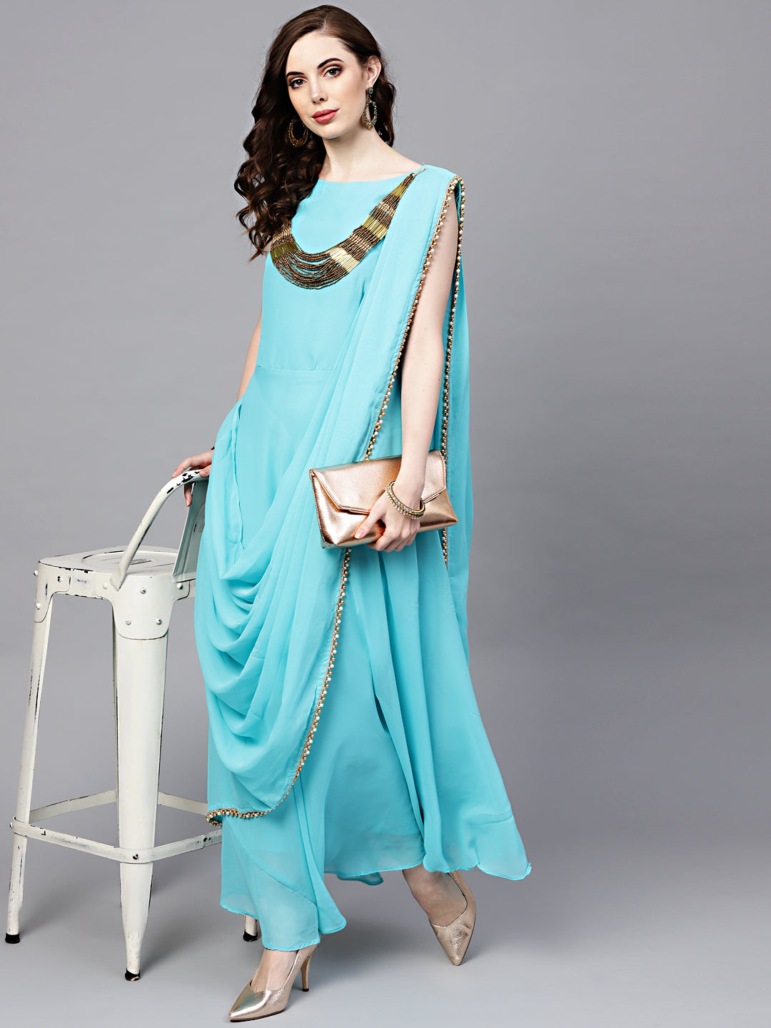 Georgette Draped Dress with Attached Necklace and Dupatta